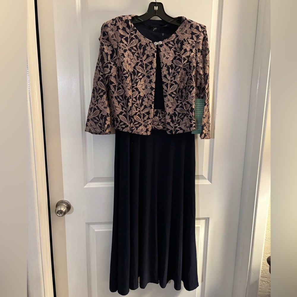 Jessica Howard Midi A-Line Dress with Coordinating Embroidered Jacket Navy Sz 10